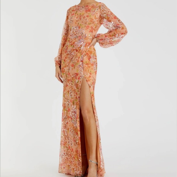 MAC DUGGAL 93547 FLORAL SEQUIND PUFF SLEEVE THIGH SLIT APRICOT GOWN sz 8 - Picture 5 of 5